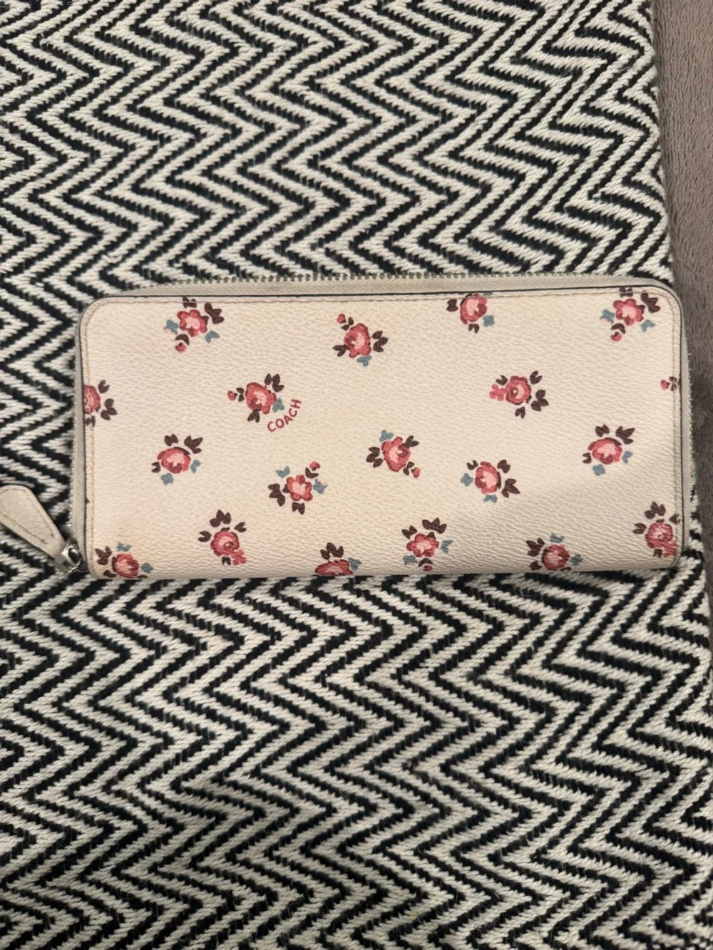 Coach Cream Floral Zip-Around Wallet with Pink Rose Print